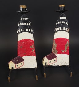 Pair of Vintage Painted Art Metal Sankaty Lighthouse Candlesticks