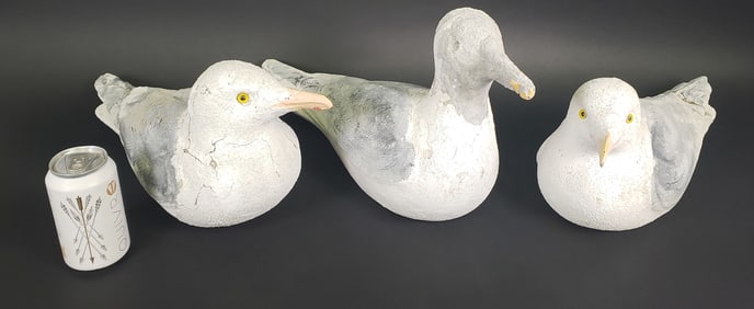 Three Vintage Painted Cast Cement Concrete Seagulls, 20th Century