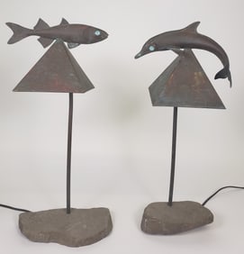 Two Copper Fish and Dolphin Table Lamps