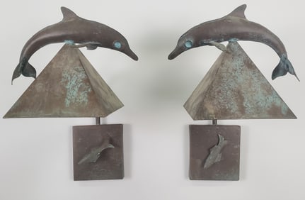 Pair of Vintage Copper Dolphin Wall Sconce Lamps
