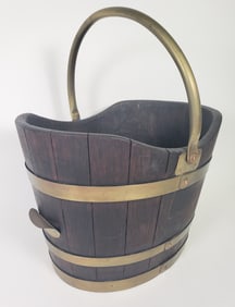 Antique English Oak Brass Bound Peat Bucket, 19th Century
