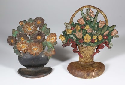 Two Antique Cast Iron Painted Flower Basket Doorstops