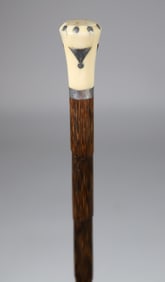 Antique Knob Walking Stick with Sterling Silver Collar and Inlays, 19th Century
