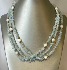 Triple Strand Aquamarine or Blue Topaz Nugget and White Fresh Water Pearl Necklace