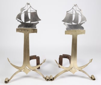 Pair of Modern Cut Brass and Steel Anchor and Ship Andirons