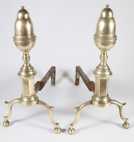 Pair of Period Brass Bullet Top Andirons 19th Century
