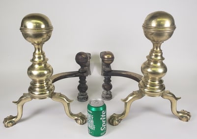 Extraordinary Pair of Antique Brass Boston Ball Top Andirons, 19th Century