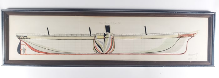 Antique Hand Painted Ocean Passenger and Cargo Ship Lithograph