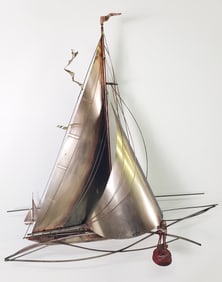 Vintage Signed Curtis Jere Metal Sailboat Yacht Wall Sculpture