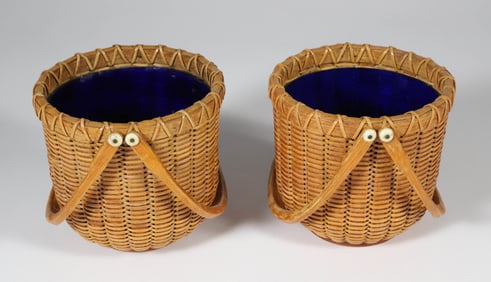 Pair of Paul Willer Round Open Double Swing Handle Nantucket Baskets with Cobalt Glass Liners