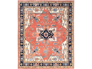 Hand Knotted Natural Vegetable Dyes Burnt Orange and Blue Peshawar Oriental Carpet