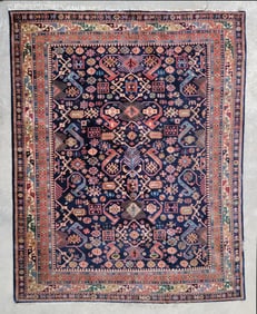 Caucasian Style Navy Blue Hand Knotted Wool Oriental Rug