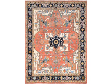 Hand Knotted Natural Dyes Tangerine Orange Peshawar Serapi Design Oriental Carpet