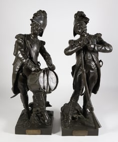 Pair of Etienne Henri Dumaige Signed Bronze Soldier Sculptures "Avent le Combat" and "Apresle