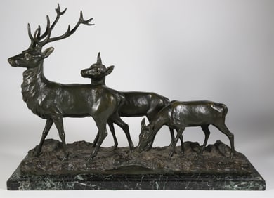 Giacomo Jacques Merculiano Bronze "Stag and Two Does", 19th Century