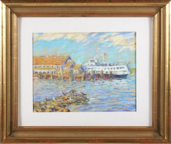 George Thomas Pastel "Noon Ferry Arrival Nantucket"