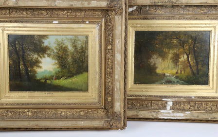 Pair of M. Donat Oils on Mahogany Panel Landscapes, 19th Century