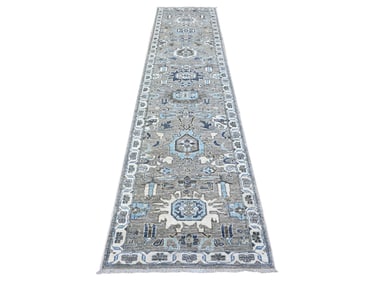 Hand Knotted Wool Gray Afghan Peshawar Oriental Rug Runner