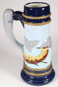 Contemporary Ceramic Stein with Whaling Theme and Sperm Whale Handle