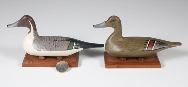 Pair of Dr. John Carriere Miniature Carved Hen and Drake Decoys