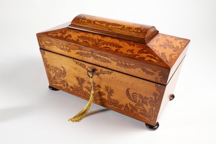 English Bird's Eye Maple and Exotic Wood Sarcophagus Form Tea Caddy, 19th Century