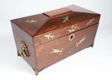 Exotic Wood and Brass Inlaid Sarcophagus Form Tea Caddy, 19th Century