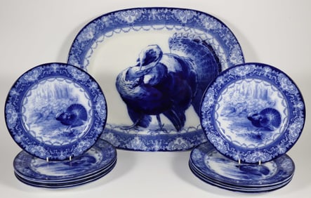 Watteau Doulton, Burslem England, Turkey Platter and Ten Matching Plates
