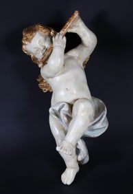 Vintage Polychromed Carved Wood Putti Playing the Flute