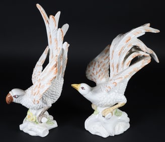 Pair of Staffordshire Ceramic Birds Modeled with Spread Wings and Raised Tails