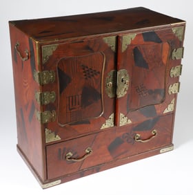 Antique Japanese Multi-wood Inlaid and Painted Lacquer Cabinet, 19th Century