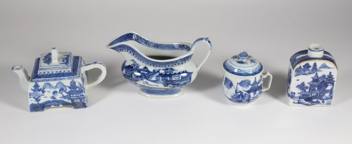 Canton Square Teapot, Gravy Boat, Pot de Creme and Tea Canister, 19th Century