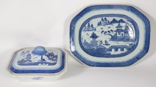 Canton Covered Vegetable Dish and Meat Platter, 19th Century