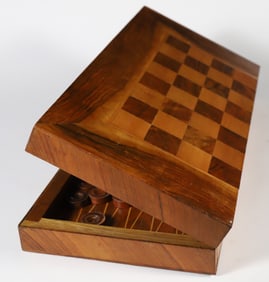 Vintage Multi-wood Folding Game Box with Playing Pieces for Checkers and Backgammon