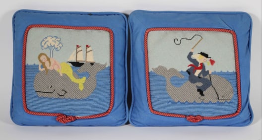 Pair Small Needlepoint Pillows - Mermaid and Sailor Riding Whales