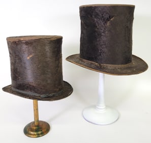 Two 19th C. Captain Ahab Beaver Fur Stove Pipe Hats