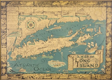 Vintage 1933 Courtland Smith Whimsical Map of Long Island New York