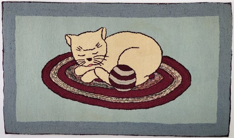 Antique Cat With Yarn Ball Mounted and Framed Hooked Rug