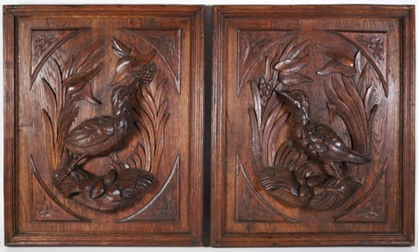 Pair of Black Forest Carved Oak Waterfowl Plaques, 19th Century