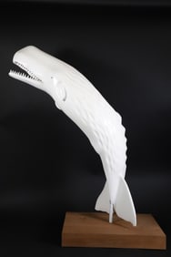 Carved Mahogany and White Painted "Moby Dick" Breaching Sperm Whale Sculpture on Stand