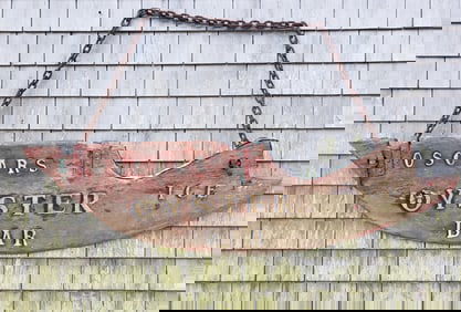 Antique, "Oscars Oyster Bar & Ice" Painted Boat Rudder Trade Sign