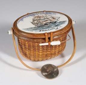 Miniature Nantucket Basket Purse with Polychrome Scrimshaw Decoration of the Whaleship Essex
