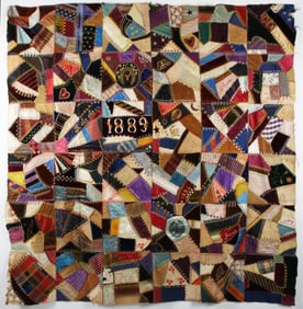 1889 Dated Silk and Velvet Crazy Quilt Top with Statue of Liberty Silk