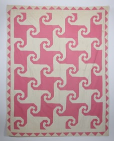 Pink and Cream "Monkey Wrench" Patchwork Quilt, circa 1930s