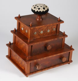 Three-Tier Wood Sewing Box with Pin Cushion Top, 20th Century