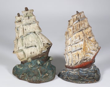 Two Vintage Cast Iron Painted Clipper Ship Doorstops