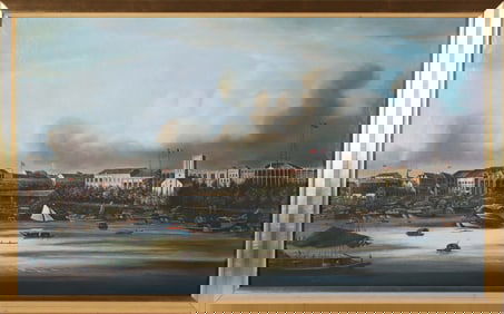 Contemporary China Trade Oil on Canvas "View of the Factories in Canton"