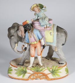 Vintage Painted Bisque Elephant with Female Rider and Attendant