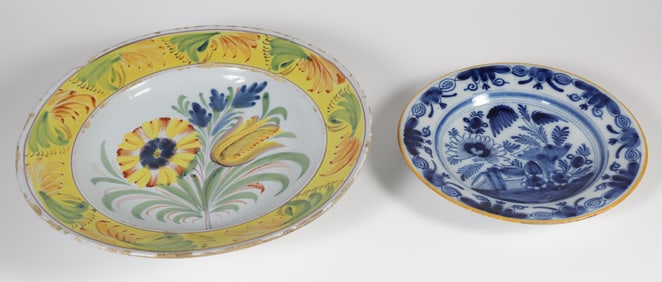 A Delft Blue and White Plate and Yellow Ground Delft Shallow Bowl, circa 1730