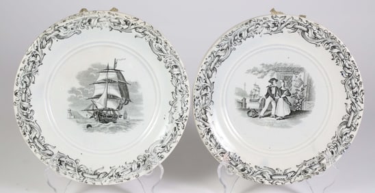 Pair of Scenic Porcelain Round Hanging Maritime Plaques, 19th Century