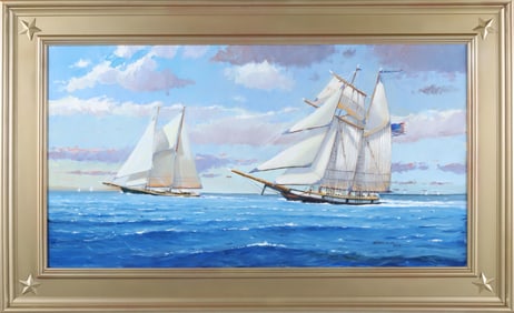 William Lowe Oil on Linen "Lynx at Sea with Schooner"